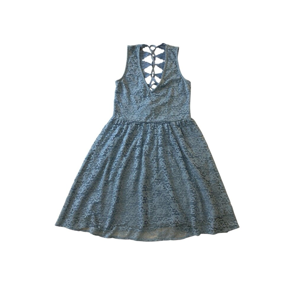 Alythea Light Blue Lace Dress Fit Flare Mini Lace Up Back Cottagecore Women’s S